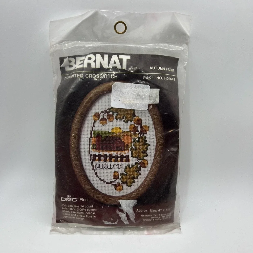 Vintage Bernat Autumn Farm Cross Stitch Kit 1986 Fall Harvest DMC Floss NIP‎